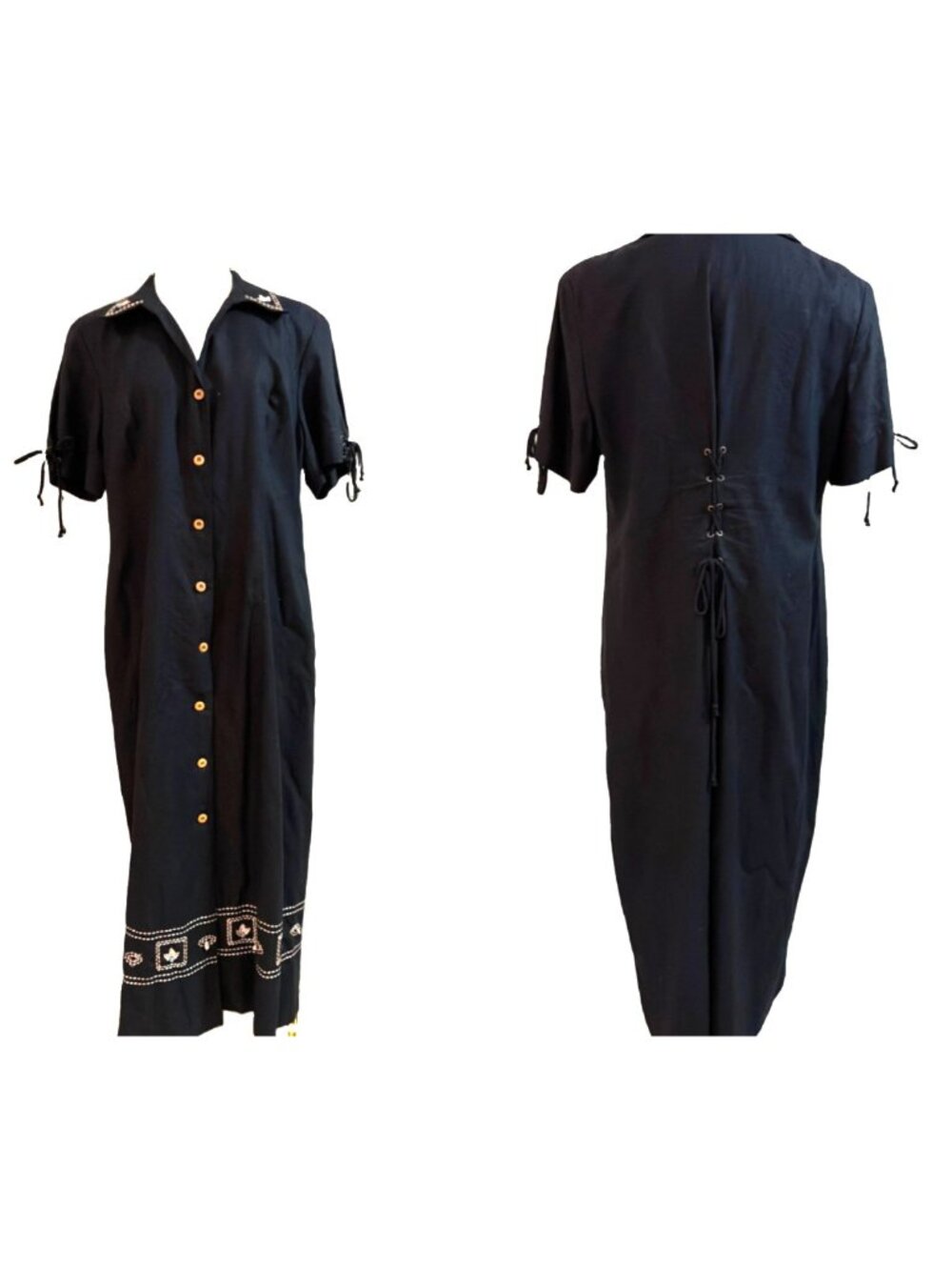 Vintage Sag Harbor Linen Blend Maxi Dress Size 14P Button Front Tie Back Modest